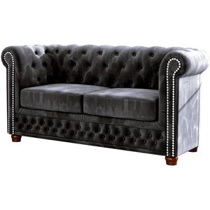 Etta Avenue Chesterfield Anzla Sofa 2 Seater Made of Velvet Fabric with Solid Wood Legs Black 72cm H X 148cm W X 86cm D