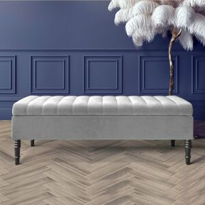 R&M Furnishers Safar Striped Ottoman Storage Bench – Upholstery Plush Velvet Shoe Bench with Black Turned Wooden Legs Silver 40cm H x 120cm W x 40cm D