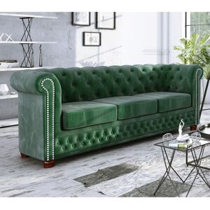 Etta Avenue Chesterfield Anzla Sofa 3 Seater Made of Velvet Fabric with Solid Wood Legs Bottle Green 72cm H X 203cm W X 86cm D