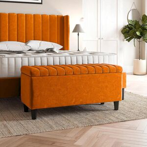 R&M Furnishers Plush Velvet Lined Upholstered Ottoman Storage Box with Wooden Legs Burnt Orange 45cm H X 120cm W X 40cm D