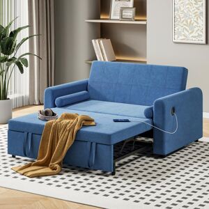 17 Stories 2 Seater Sofa Bed, 3-in-1 Convertible Fabric Pull Out Sleeper Sofa With 3-position Adjustable Backrest, Side Pockets And Usb For Living Room, Guest Ro Blue