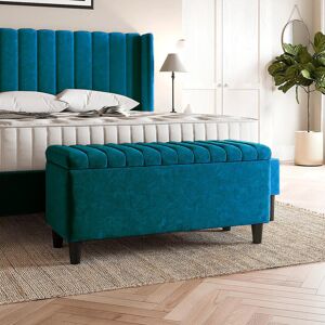 R&M Furnishers Plush Velvet Lined Upholstered Ottoman Storage Box with Wooden Legs Emerald Green 45cm H X 120cm W X 40cm D