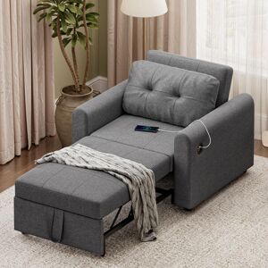 17 Stories 3 In 1 Sofa Bed, Convertible Sleeper Chair Bed With Usb & Type-c Ports, Side Pocket, Pull Out Sofa Bed Linen Armchair With Adjustable Backrest For Liv Dark Grey 82cm H X 84cm W X 190cm D