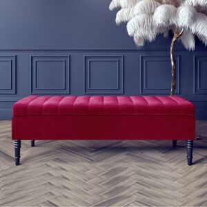 R&M Furnishers Safar Striped Ottoman Storage Bench – Upholstery Plush Velvet Shoe Bench with Black Turned Wooden Legs Claret Red 40cm H x 90cm W x 40cm D
