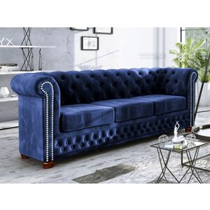 Etta Avenue Chesterfield Anzla Sofa 3 Seater Made of Velvet Fabric with Solid Wood Legs Navy Blue 72cm H X 203cm W X 86cm D