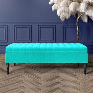 R&M Furnishers Safar Striped Ottoman Storage Bench – Upholstery Plush Velvet Shoe Bench with Black Turned Wooden Legs Teal 40cm H x 120cm W x 40cm D