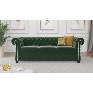 Rosdorf Park Chesterfield Hanna 3 Seater Sofa Made of Velvet Fabric with Solid Wood Legs Bottle Green 72cm H X 203cm W X 86cm D