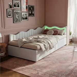 Fairmont Park Teddy Velvet Ottoman Daybed With Led Lights, Upholstered European Single (90X200Cm) Storage Bed, Beige Beige 75cm H X 97cm W X 213cm L
