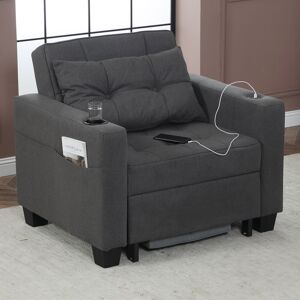 17 Stories Jaylon 93Cm Wide Linen Convertible Sleeper Chair Single Sofa Bed with Cup Holder,USB Dark Grey 87.6cm H X 93cm W X 180cm D