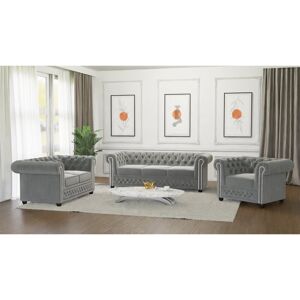 Rosdorf Park Chesterfield Hanna 3 Seater Sofa Made of Velvet Fabric with Solid Wood Legs Grey 72cm H X 203cm W X 86cm D