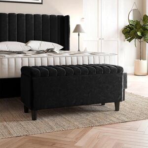 R&M Furnishers Plush Velvet Lined Upholstered Ottoman Storage Box with Wooden Legs Black 45cm H X 120cm W X 40cm D