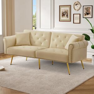 Fairmont Park Velvet Adjustable Backrest Sofa Bed - Dual Recliner With Storage Space & Gold Metal Legs (2-seater) Beige 70cm H X 173cm W X 75cm D