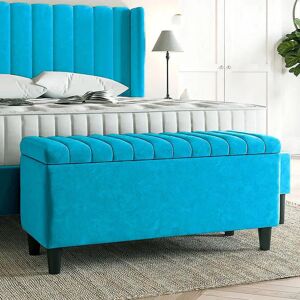 R&M Furnishers Plush Velvet Lined Upholstered Ottoman Storage Box with Wooden Legs Teal 45cm H X 120cm W X 40cm D