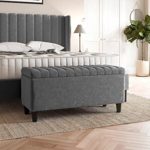 R&M Furnishers Plush Velvet Lined Upholstered Ottoman Storage Box with Wooden Legs Grey 45cm H X 120cm W X 40cm D