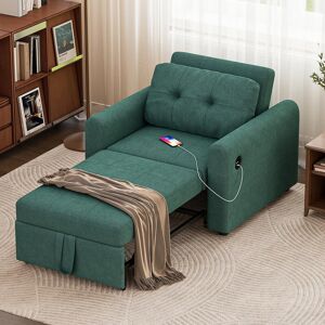 17 Stories 3 In 1 Sofa Bed, Convertible Sleeper Chair Bed With Usb & Type-c Ports, Side Pocket, Pull Out Sofa Bed Linen Armchair With Adjustable Backrest For Liv Green 82cm H X 84cm W X 190cm D