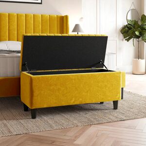 R&M Furnishers Plush Velvet Lined Upholstered Ottoman Storage Box with Wooden Legs Mustard Gold 45cm H X 120cm W X 40cm D