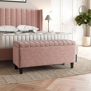 R&M Furnishers Plush Velvet Lined Upholstered Ottoman Storage Box with Wooden Legs Pink 45cm H X 120cm W X 40cm D