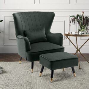 Fairmont Park 77Cm Wide Plush Velvet Modern Wingback Chair and Ottoman Bottle Green 94cm H X 77cm W X 78cm D