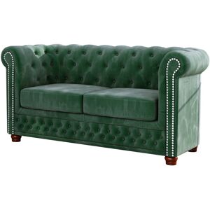 Etta Avenue Chesterfield Anzla Sofa 2 Seater Made of Velvet Fabric with Solid Wood Legs Bottle Green 72cm H X 148cm W X 86cm D