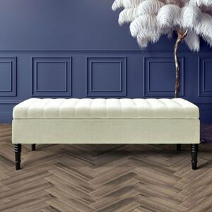 R&M Furnishers Safar Striped Ottoman Storage Bench – Upholstery Plush Velvet Shoe Bench with Black Turned Wooden Legs Cream 40cm H x 120cm W x 40cm D