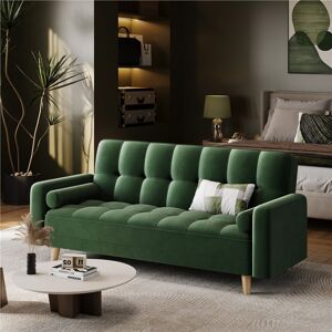Yaheetech Moda Form 185CM 3 Seater Convertible Settee Sofa Bed With Armrests and 2 Bolster Pillows, Green Velvet 185cm W