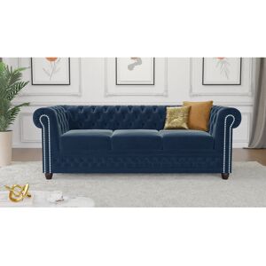Rosdorf Park Chesterfield Hanna 3 Seater Sofa Made of Velvet Fabric with Solid Wood Legs Navy Blue 72cm H X 203cm W X 86cm D
