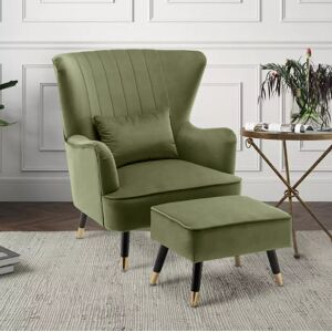 Fairmont Park 77Cm Wide Plush Velvet Modern Wingback Chair and Ottoman Sage Green 94cm H X 77cm W X 78cm D