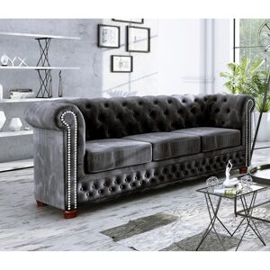 Etta Avenue Chesterfield Anzla Sofa 3 Seater Made of Velvet Fabric with Solid Wood Legs Black 72cm H X 203cm W X 86cm D