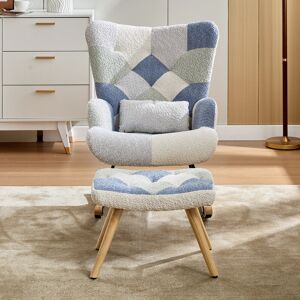 Norden Home Patchwork Wingback Armchair With Footstool - Retro Fabric Rocking Chair With Side Pocket Blue/Beige 91cm H X 68cm W X 83cm D Norden Home Patchwork Wingback Armchair With Footstool - Retro Fabric Rocking Chair With Side Pocket Blue/Beige 91cm H X 68cm W X 83cm D