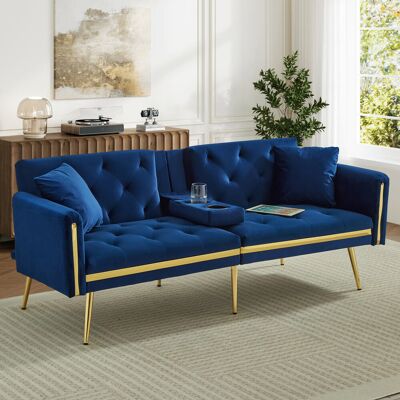Canora Grey Velvet Convertible Sofa Bed With Gold Trim - 3-position Adjustable Backrest & Cup Holders Blue 71.5cm H X 174cm W X 76cm D Canora Grey Velvet Convertible Sofa Bed With Gold Trim - 3-position Adjustable Backrest & Cup Holders Blue 71.5cm H X 174cm W X 76cm D