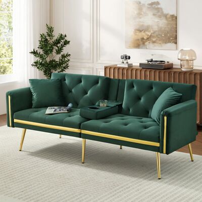 Fairmont Park Two-seater Convertible Sofa Bed With Adjustable Backrest And Cup Holders Velvet Black Green 71.5cm H X 174cm W X 76cm D Fairmont Park Two-seater Convertible Sofa Bed With Adjustable Backrest And Cup Holders Velvet Black Green 71.5cm H X 174cm W X 76cm D