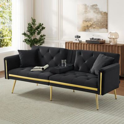 Fairmont Park Two-seater Convertible Sofa Bed With Adjustable Backrest And Cup Holders Velvet Black Black 71.5cm H X 174cm W X 76cm D Fairmont Park Two-seater Convertible Sofa Bed With Adjustable Backrest And Cup Holders Velvet Black Black 71.5cm H X 174cm W X 76cm D