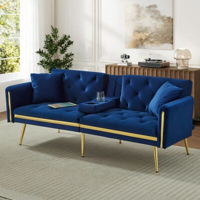 Fairmont Park Two-seater Convertible Sofa Bed With Adjustable Backrest And Cup Holders Velvet Black Blue 71.5cm H X 174cm W X 76cm D Fairmont Park Two-seater Convertible Sofa Bed With Adjustable Backrest And Cup Holders Velvet Black Blue 71.5cm H X 174cm W X 76cm D