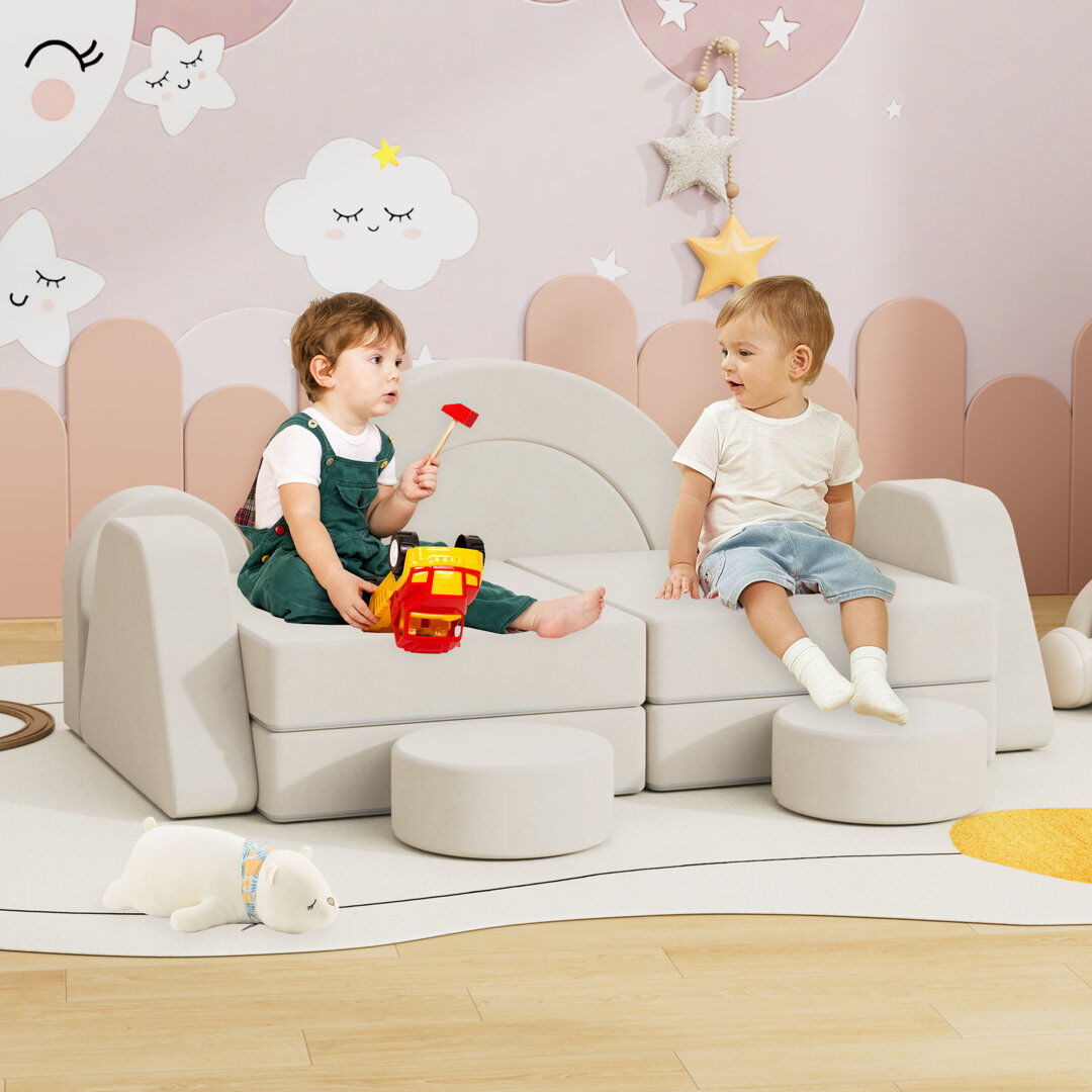 Blue Elephant Velvet Modular Kids Play Couch, Kids Toddler Couch, Sectional Sofa Beige