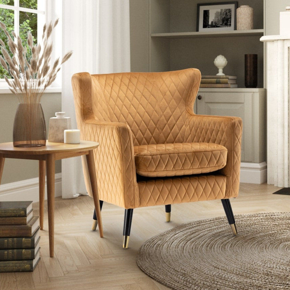 Fairmont Park Ghita Quilted Accent Velvet Wingback Chair Gold 84cm H X 78cm W X 73cm D