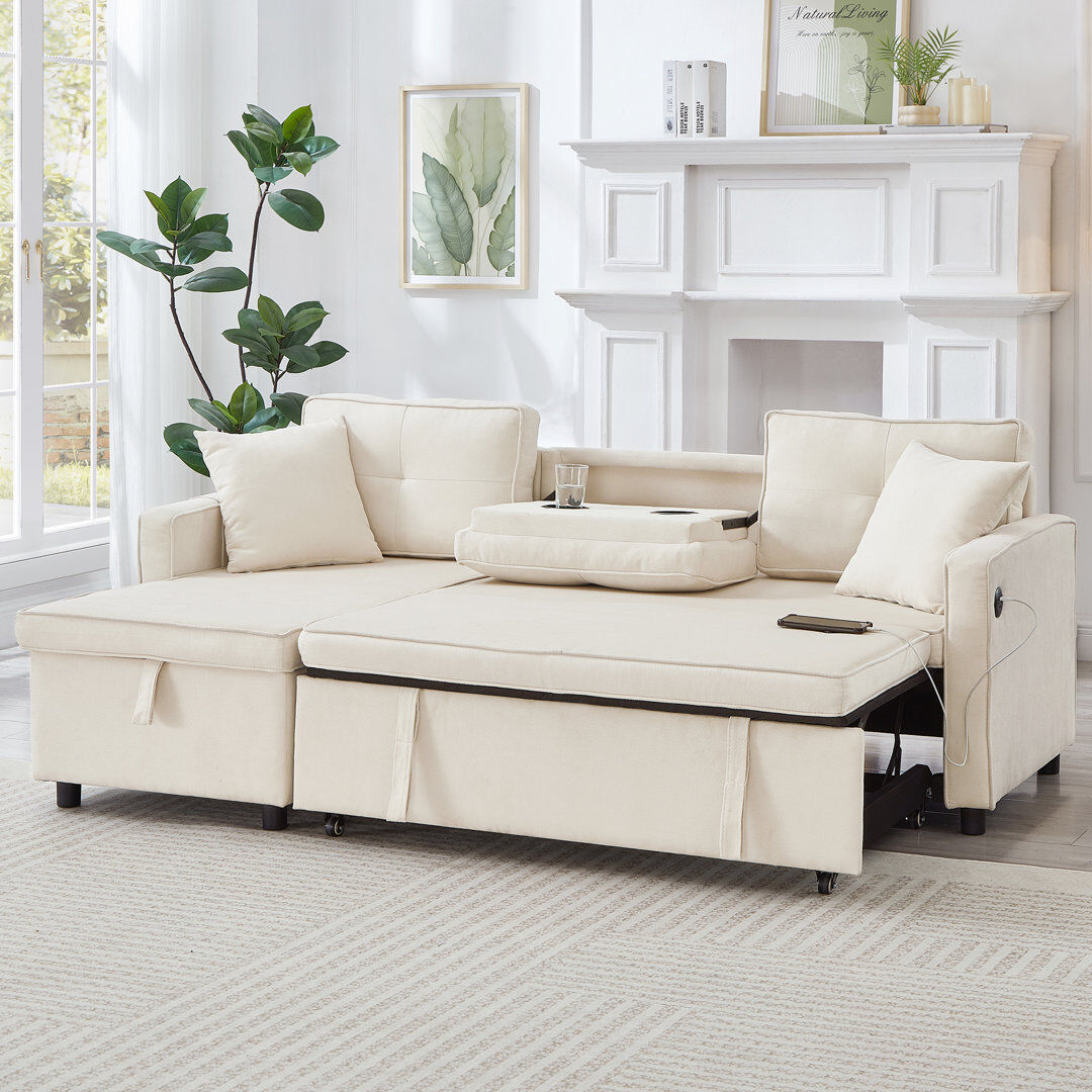 Latitude Run L-shaped Sectional Sofa Bed With Storage & Usb Charging - Reversible Chaise & Drop-down Table Beige 79cm H X 196cm W X 72cm D