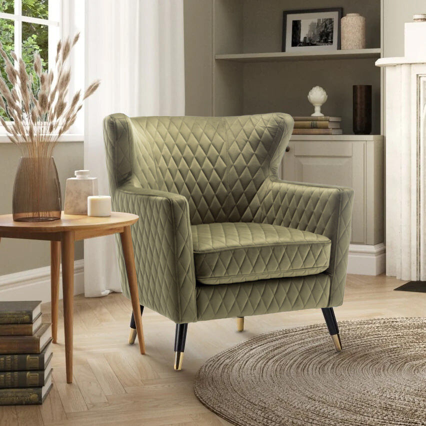 Fairmont Park Ghita Quilted Accent Velvet Wingback Chair Sage Green 84cm H X 78cm W X 73cm D