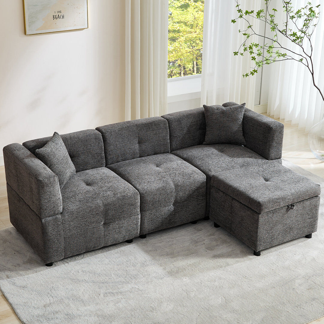 Brayden Studio 80" L-Shaped Sectional Sofa with Storage Ottoman and Pillows, Modular Couch for Apartment or Office Grey 69cm H X 204cm W X 68cm D