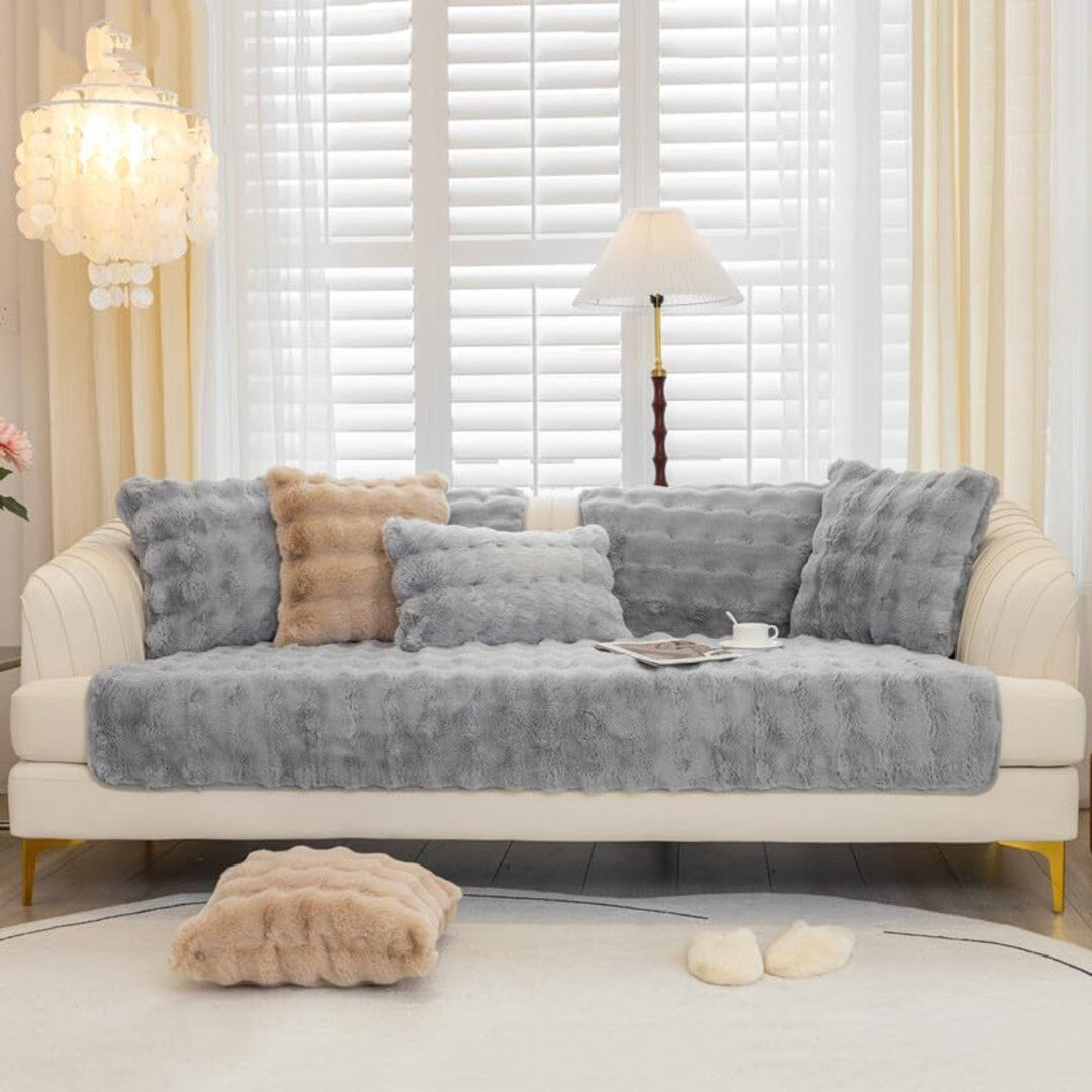 Fairmont Park Soft Plush Sofa Cover - New Non-Slip Sofa Covers 1 2 3 Seater, Rabbit Faux Fur Couch Covers, Fluffy Couch Cover, Sofa Cover L Shape Furniture Protecto Grey 90cm H X 90cm W X 3cm D