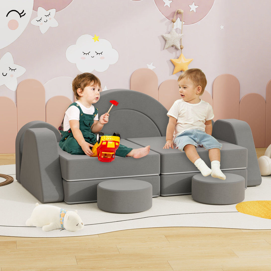 Blue Elephant Velvet Modular Kids Play Couch, Kids Toddler Couch, Sectional Sofa Dark Grey