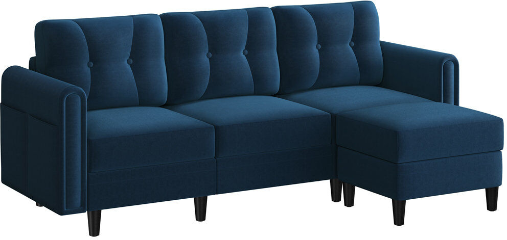 George Oliver Sectional Sofa with Ottoman Reversible 3-Seater Chaise Lounge Velvet Blue 80cm H X 189cm W X 136cm D