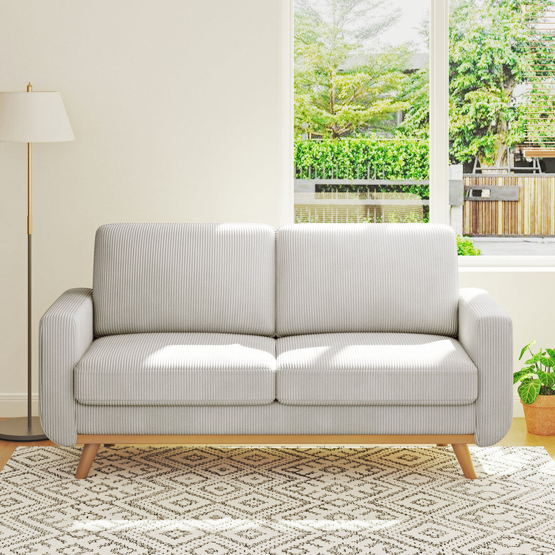 George Oliver Modern corduroy 2 seater sofa no tools required installation with solid wood frame Oak/Light Grey 89cm H X 173cm W X 76cm D