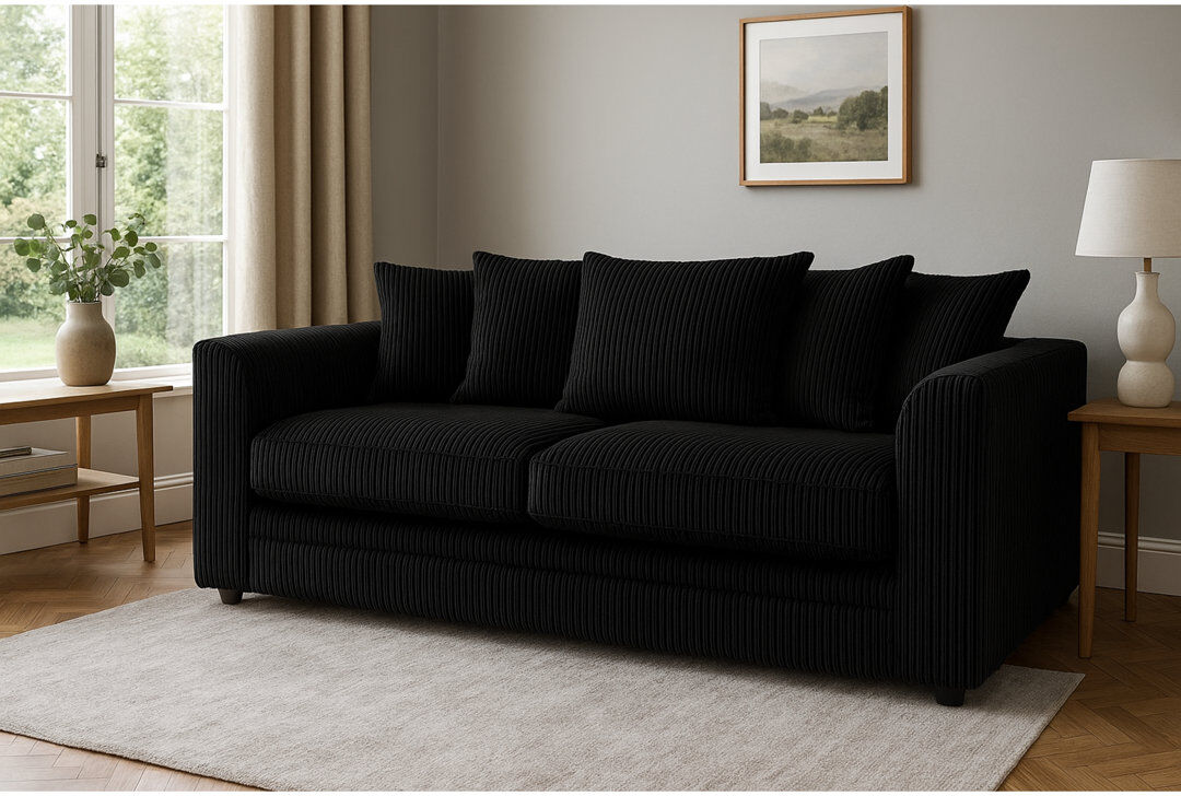 Ebern Designs 3 Seater Jumbo Cord Sofa – Small Back Sectional With Fixed Cushions & Deep Seating For Living Room Comfort Black 90cm H X 190cm W X 60cm D