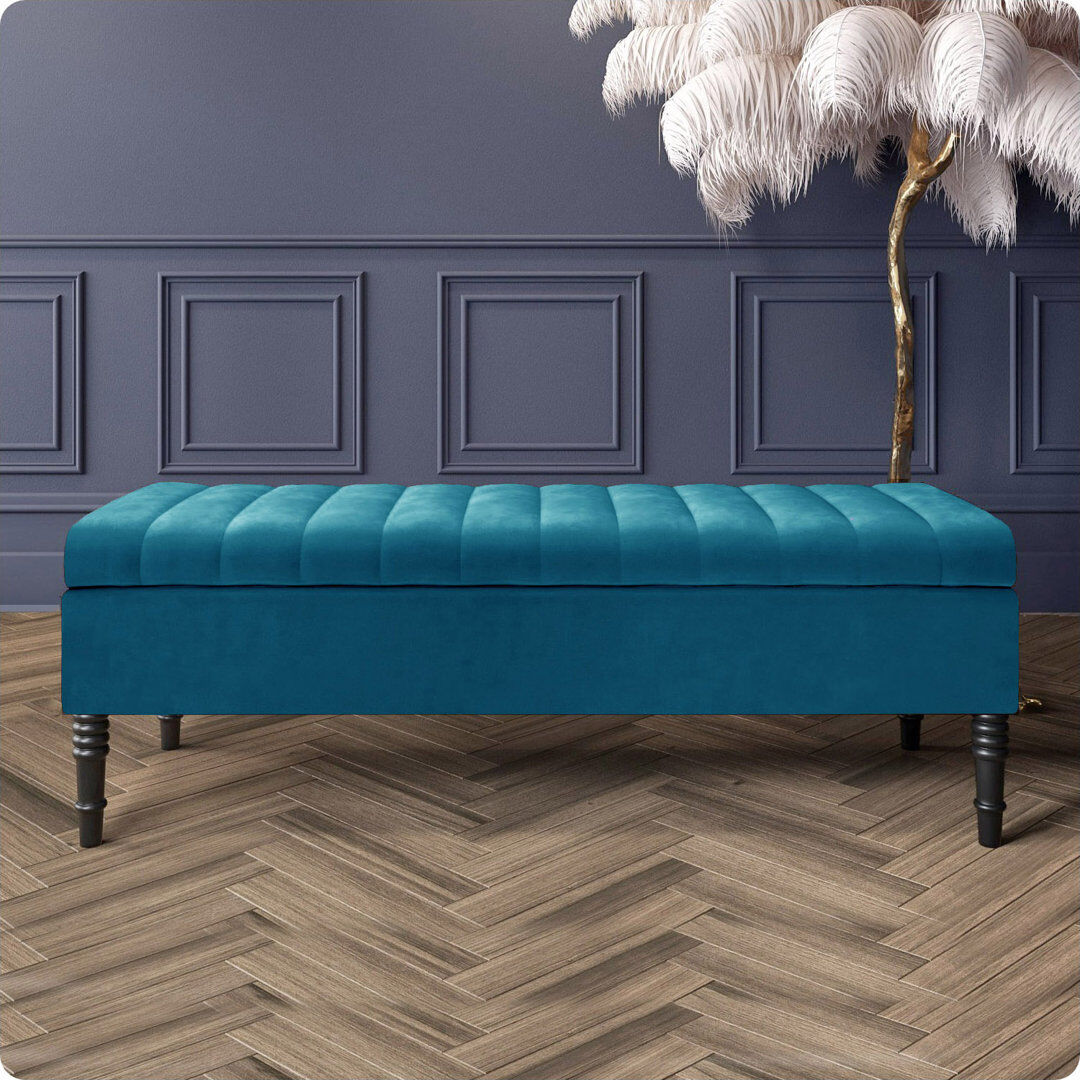 R&M Furnishers Safar Striped Ottoman Storage Bench – Upholstery Plush Velvet Shoe Bench with Black Turned Wooden Legs Emerald Green 40cm H x 150cm W x 40cm D