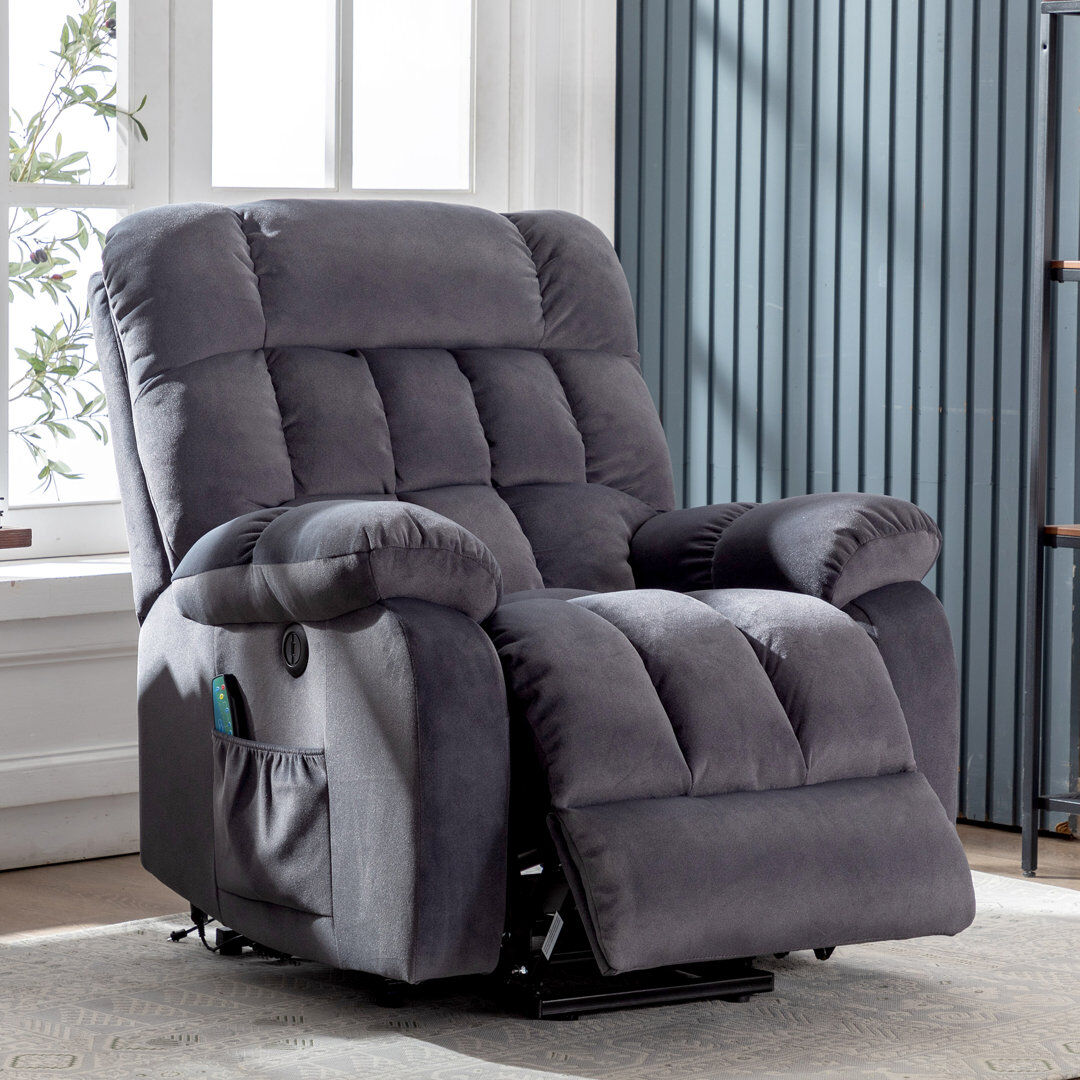Ebern Designs Electric Power Lift Recliner Chair Sofa With Massage And Heat For Elderly 2 Side Pockets USB Ports Single Recliner Chairs For Living Room Overstuffed Grey 104cm H X 91cm W X 81cm D