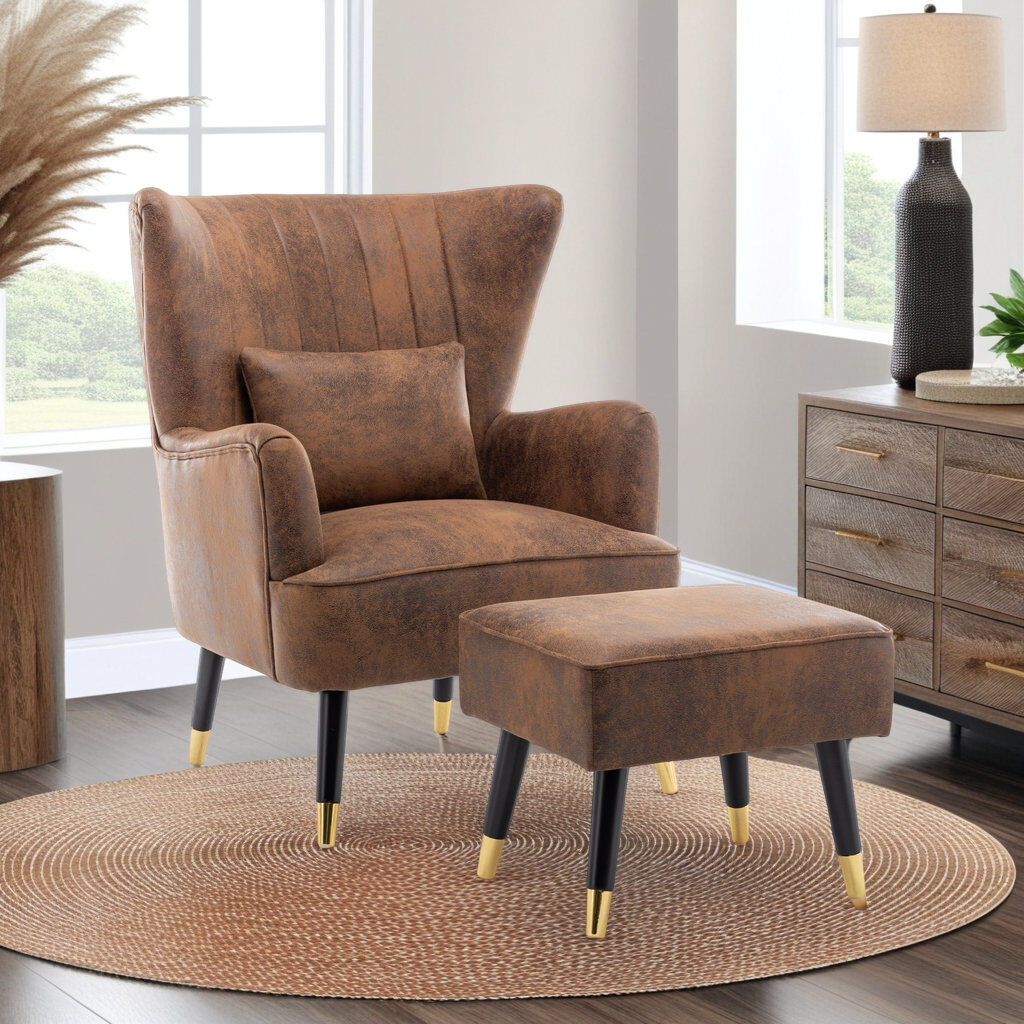 Fairmont Park Faux Leather Suede Accent Chair with Footstool Brown 94cm H X 77cm W X 78cm D