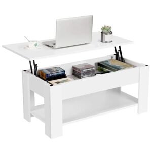 Levi Beer Top Coffee Table With Storage Compartment And Shelf Wooden Hydraulic Tea Table Desk For Office Living Room Furniture, White  - brown/white - Size: 56.0 H x 98.0 W x 50.0 D cm