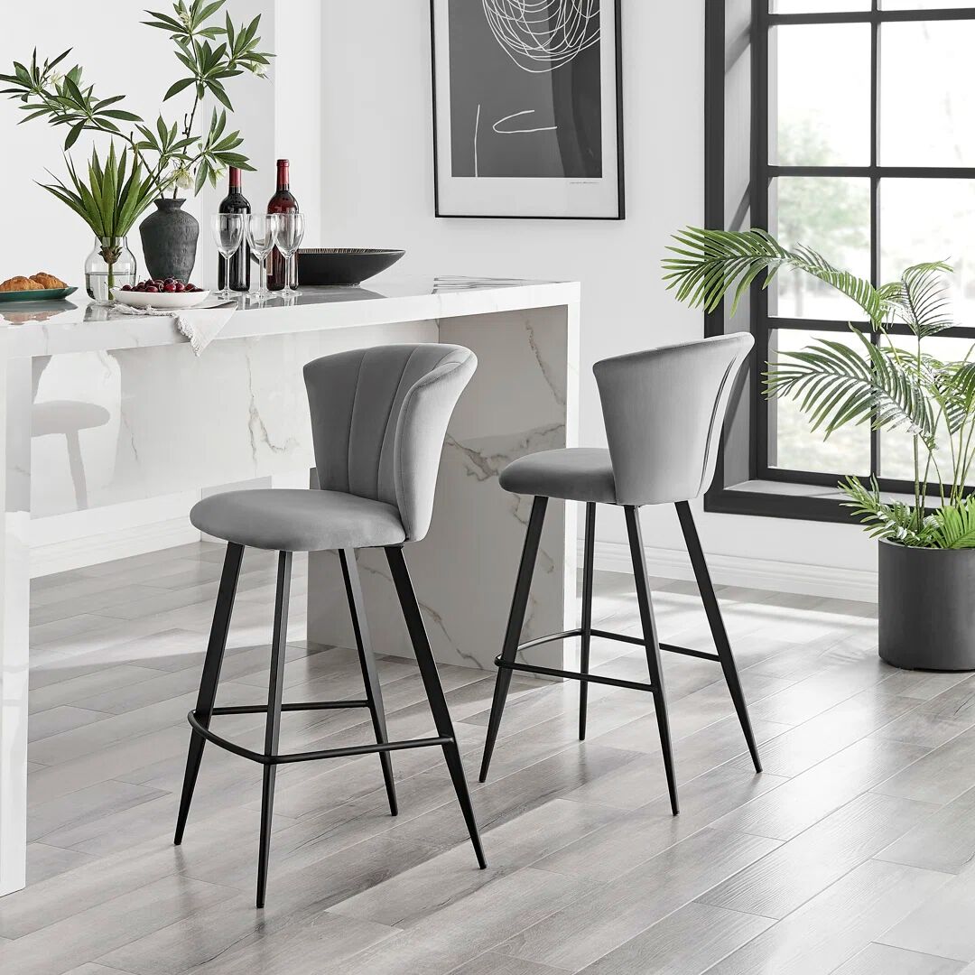 Furniture Box Juni Elegant Breakfast Bar Stool in Deco Style & Luxury Velvet gray/black 95.0 H x 53.0 W x 49.0 D cm