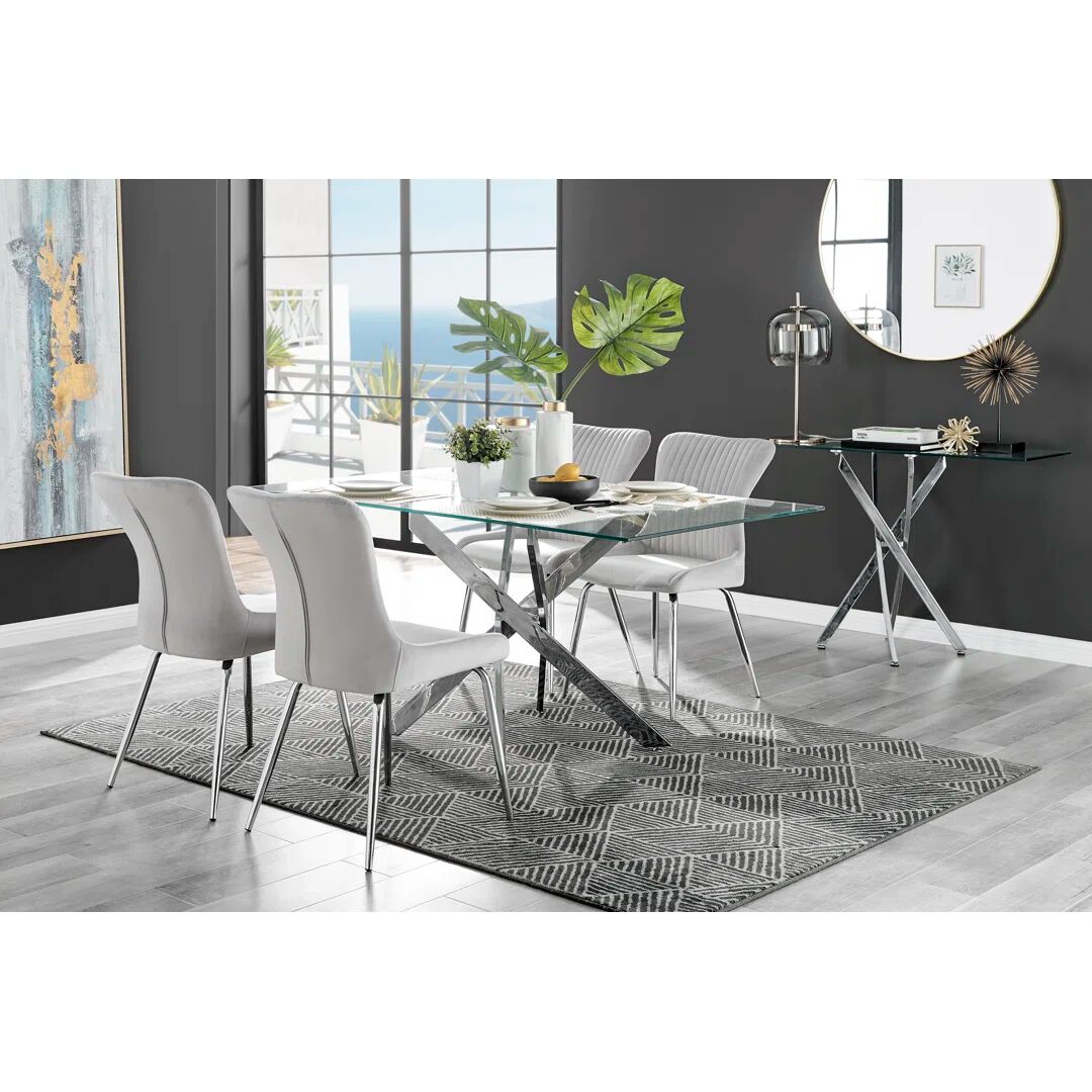 Furniture Box Leonardo Glass And Chrome Dining Table & 4 Light Grey Nora Silver Leg Chairs 75.0 H x 70.0 W x 120.0 D cm