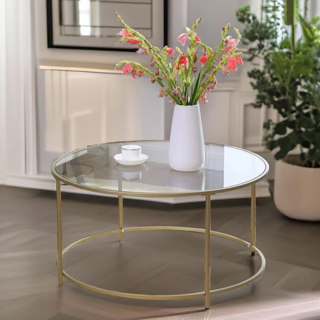 Mason Furniture Gold Glass Round Coffee Table Modern Living Room Home Furniture Metal Frame yellow 45.5 H x 84.0 W x 84.0 D cm